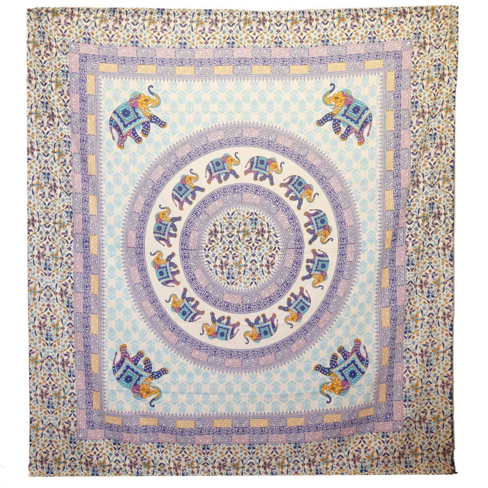 Tapisserie murale / Couverture - Mandala Éléphant - Turquoise/Bleu sur Crème