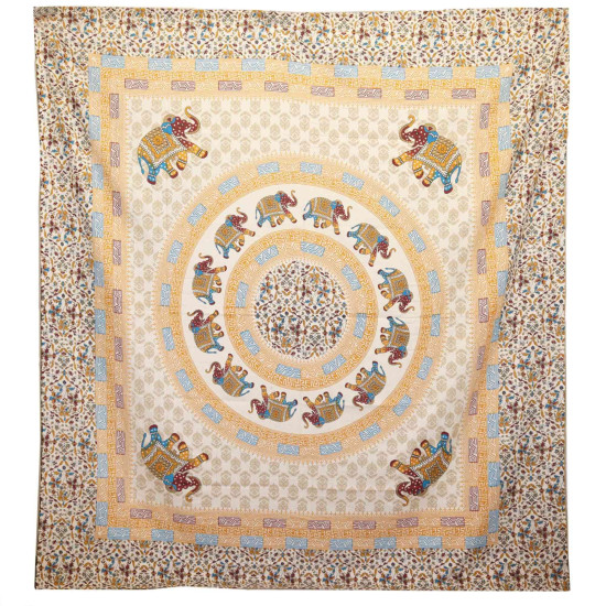 Tapisserie murale / Couverture - Mandala Éléphant - Marron/Orange sur Crème