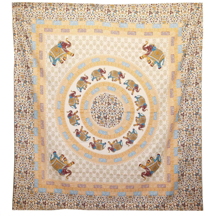 Tapisserie murale / Couverture - Mandala Éléphant - Marron/Orange sur Crème