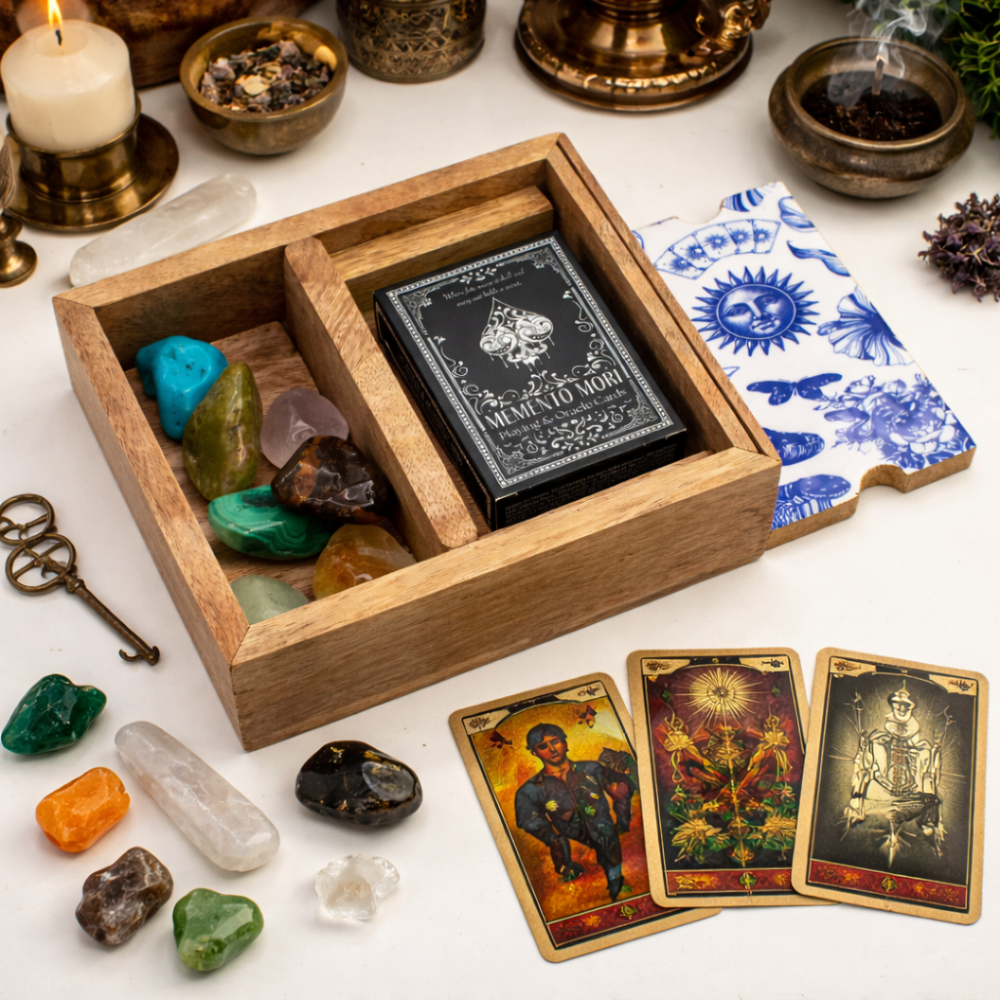 Boîte à tarot à deux compartiments avec porte-cartes