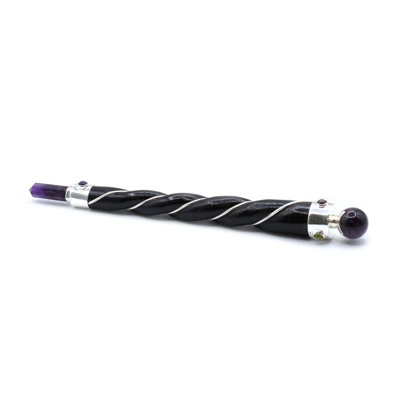 Baguette de guérison torsadée - Sphère d'améthyste argentée