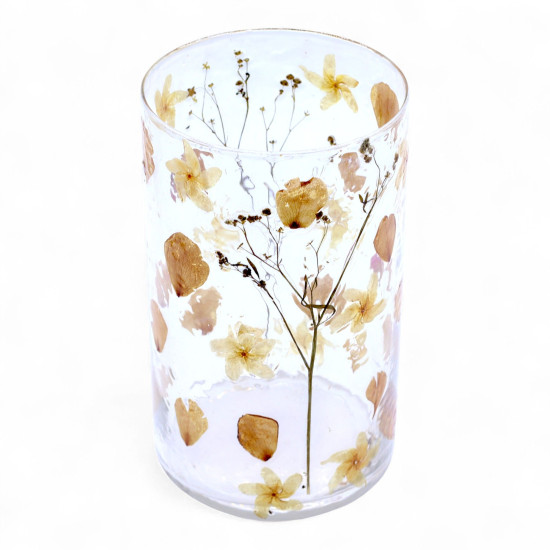 Verre à motif floral naturel - Grand vase porte-bougie - Rose - (19x11cm)