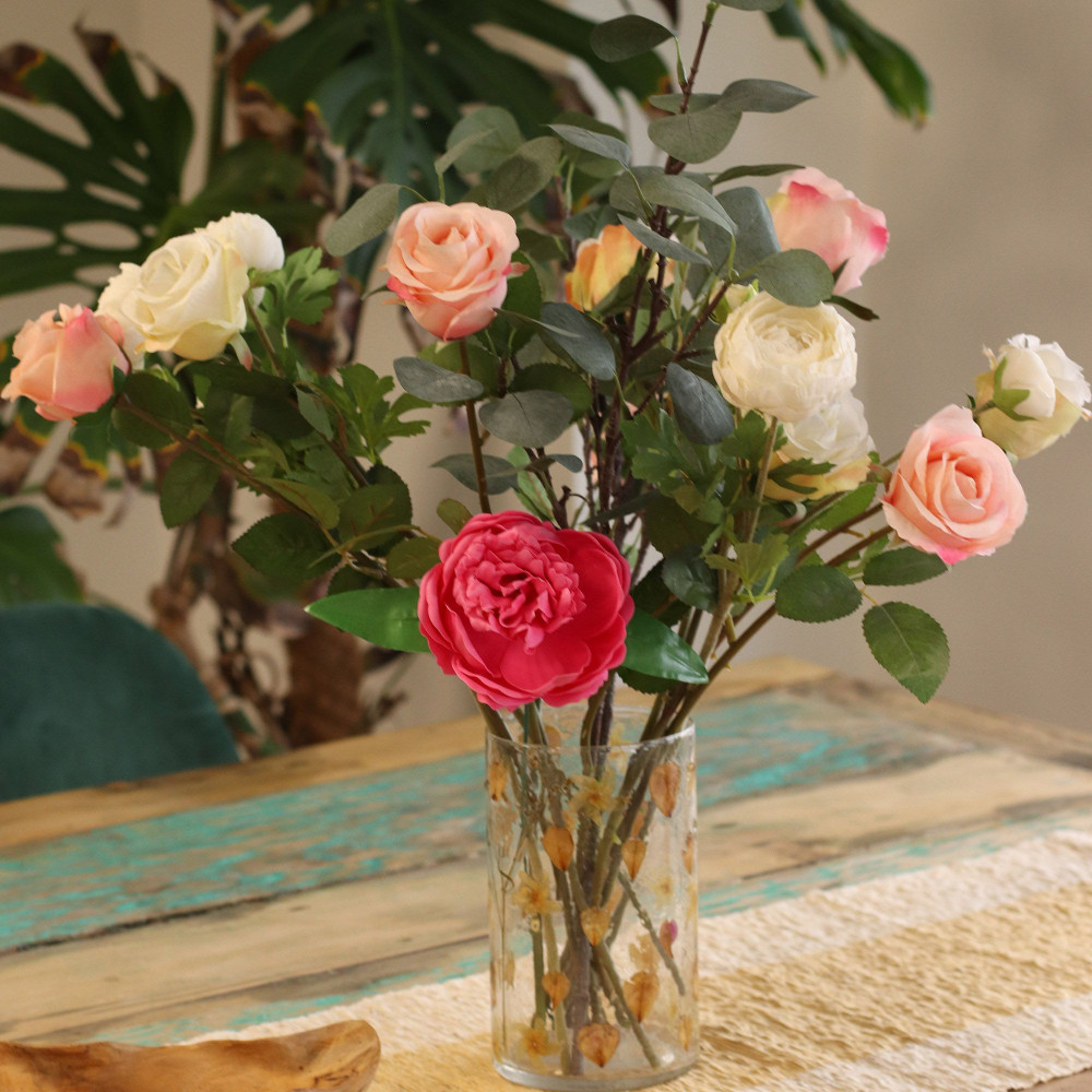 Verre à motif floral naturel - Grand vase porte-bougie - Rose - (19x11cm)