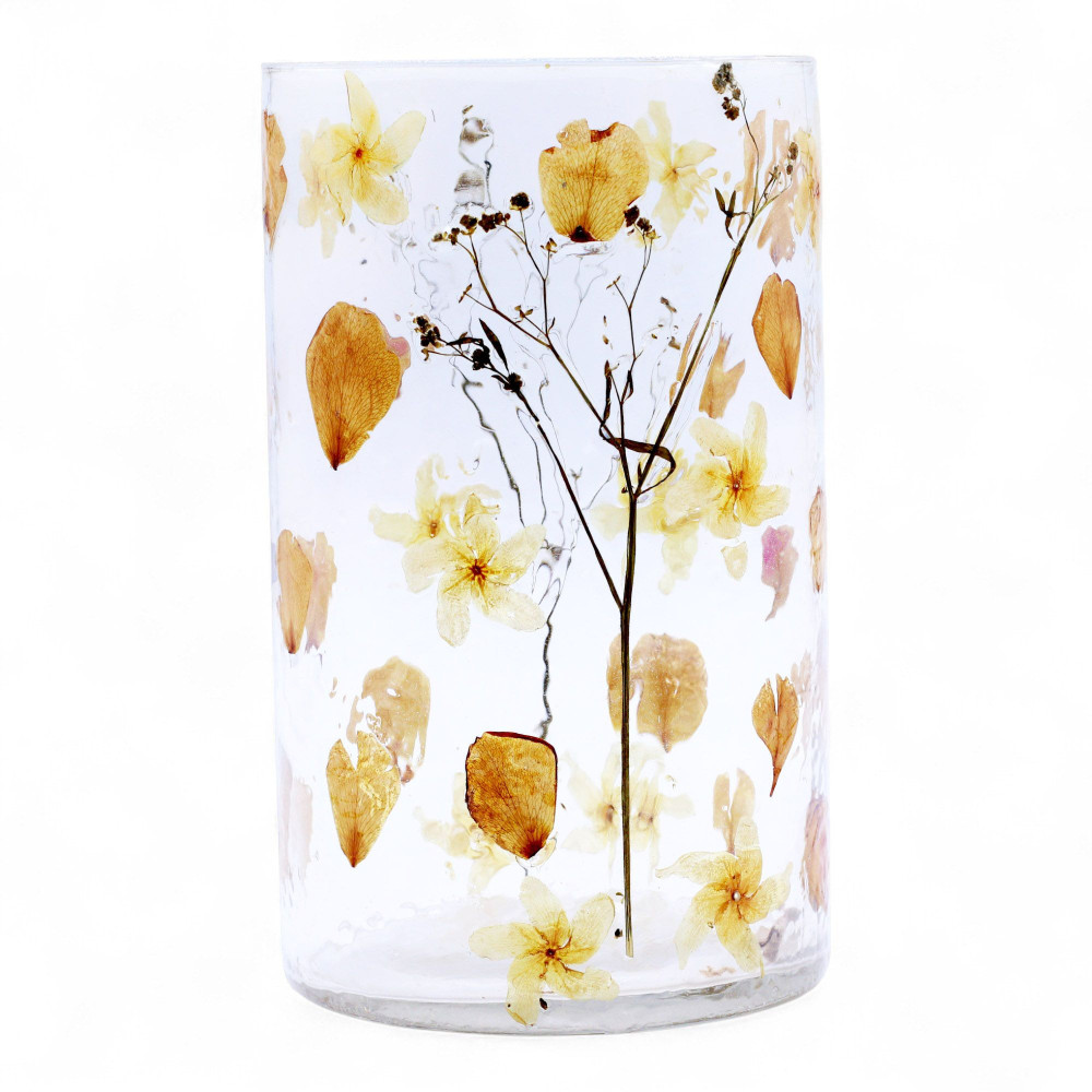 Verre à motif floral naturel - Grand vase porte-bougie - Rose - (19x11cm)