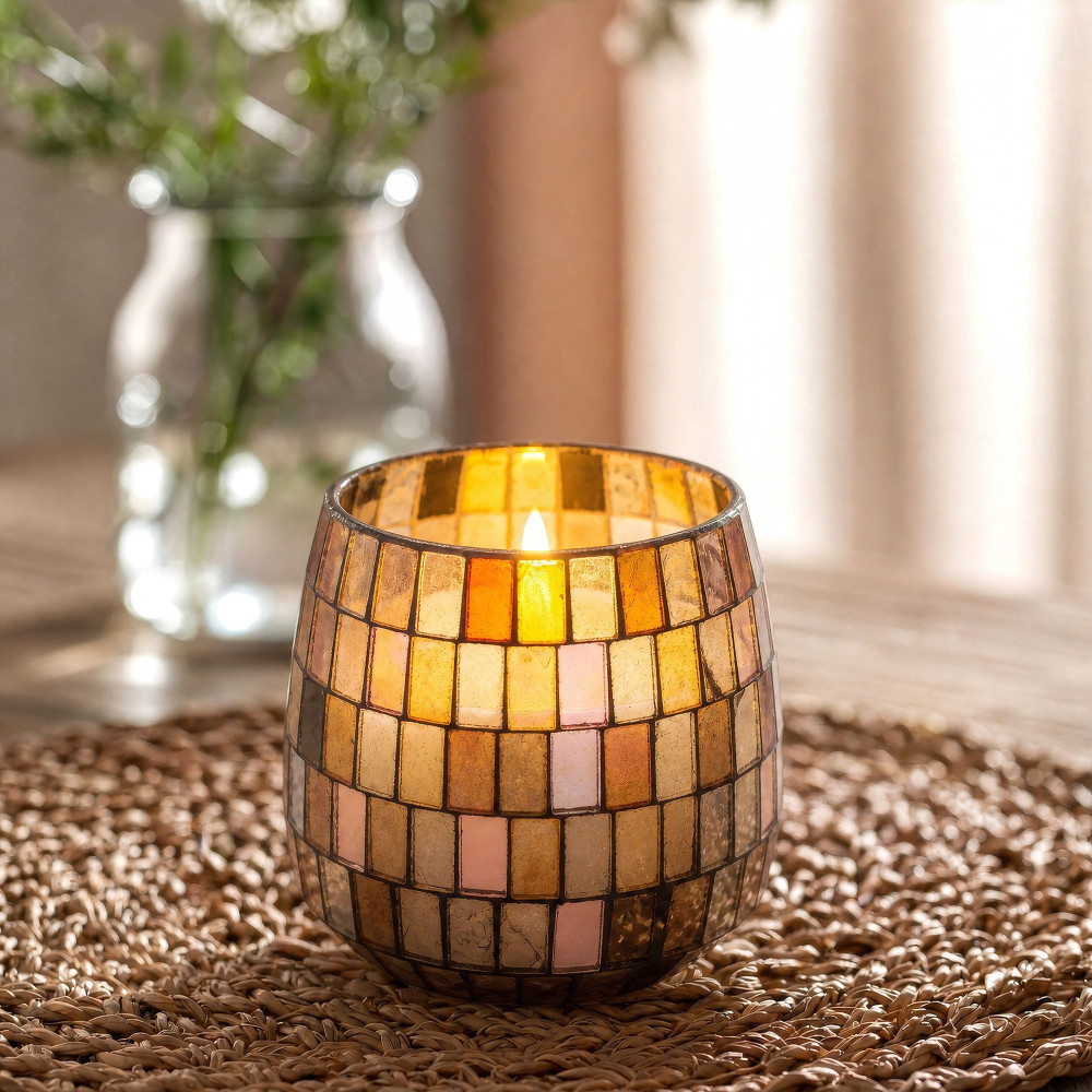 Bougies en pot de verre moyen - Mosaïque Ambre
