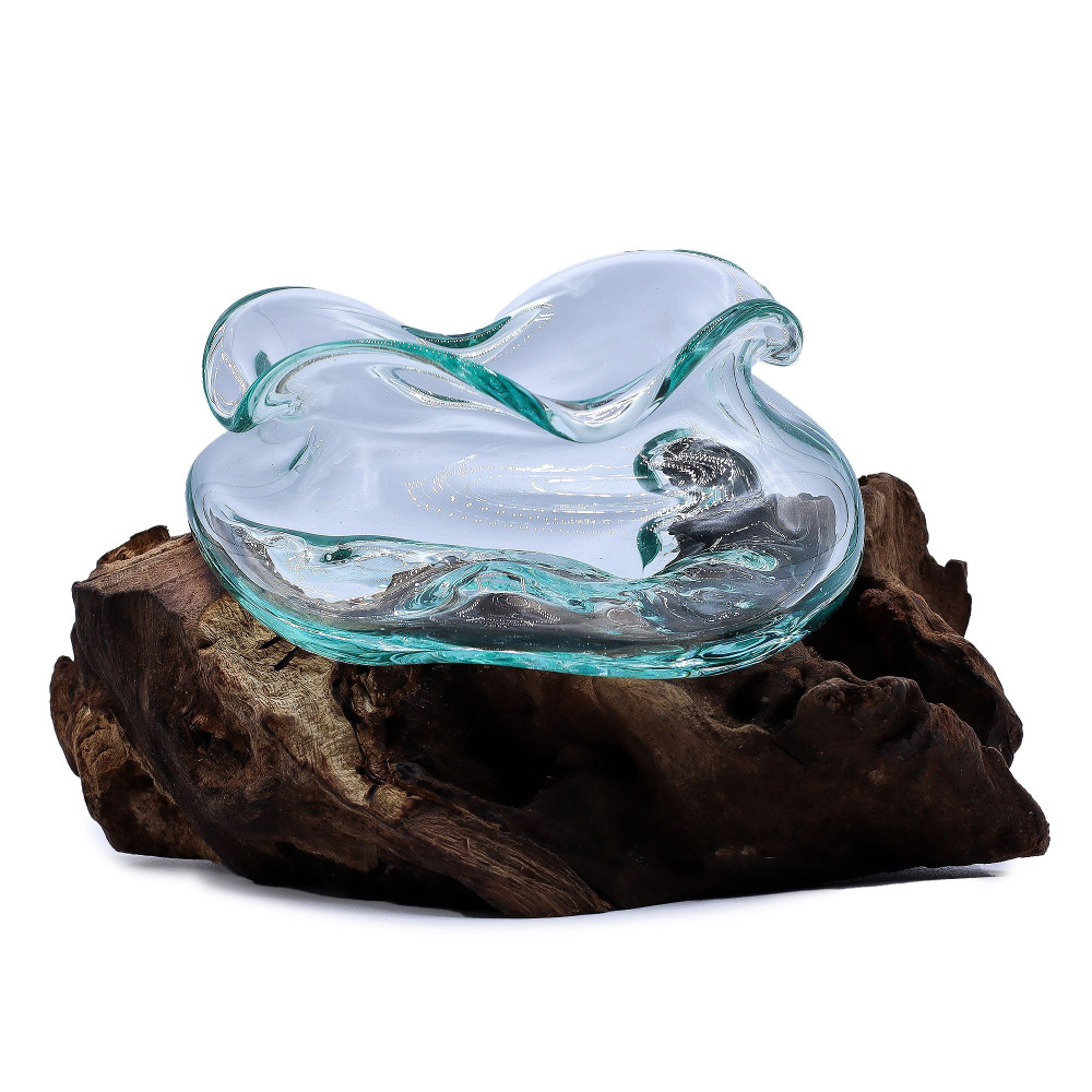 Bol ondulé en verre fondu sur bois 18 cm