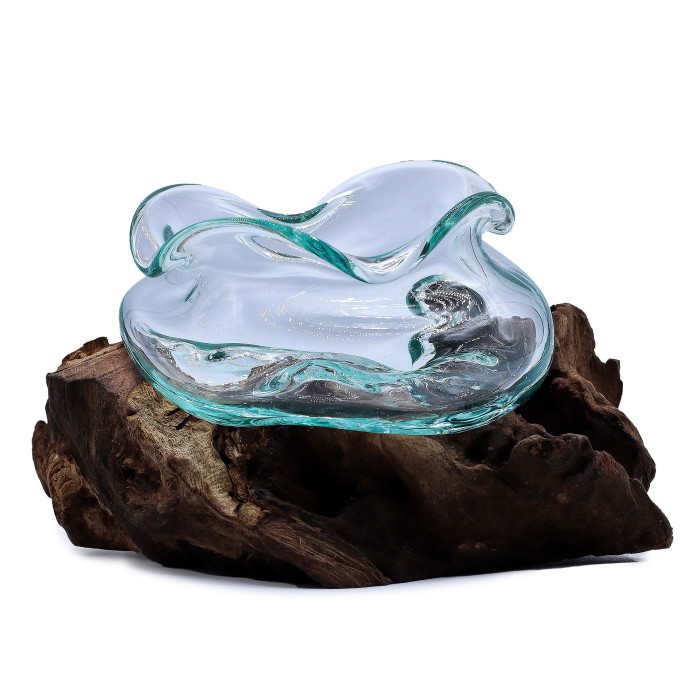 Bol ondulé en verre fondu sur bois 18 cm