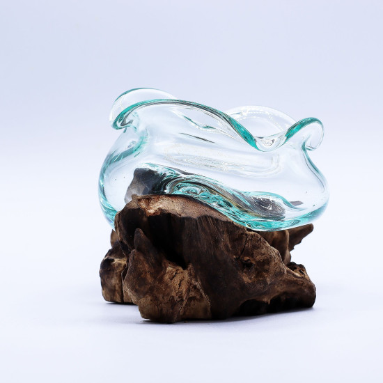 Bol ondulé en verre fondu sur bois 18 cm