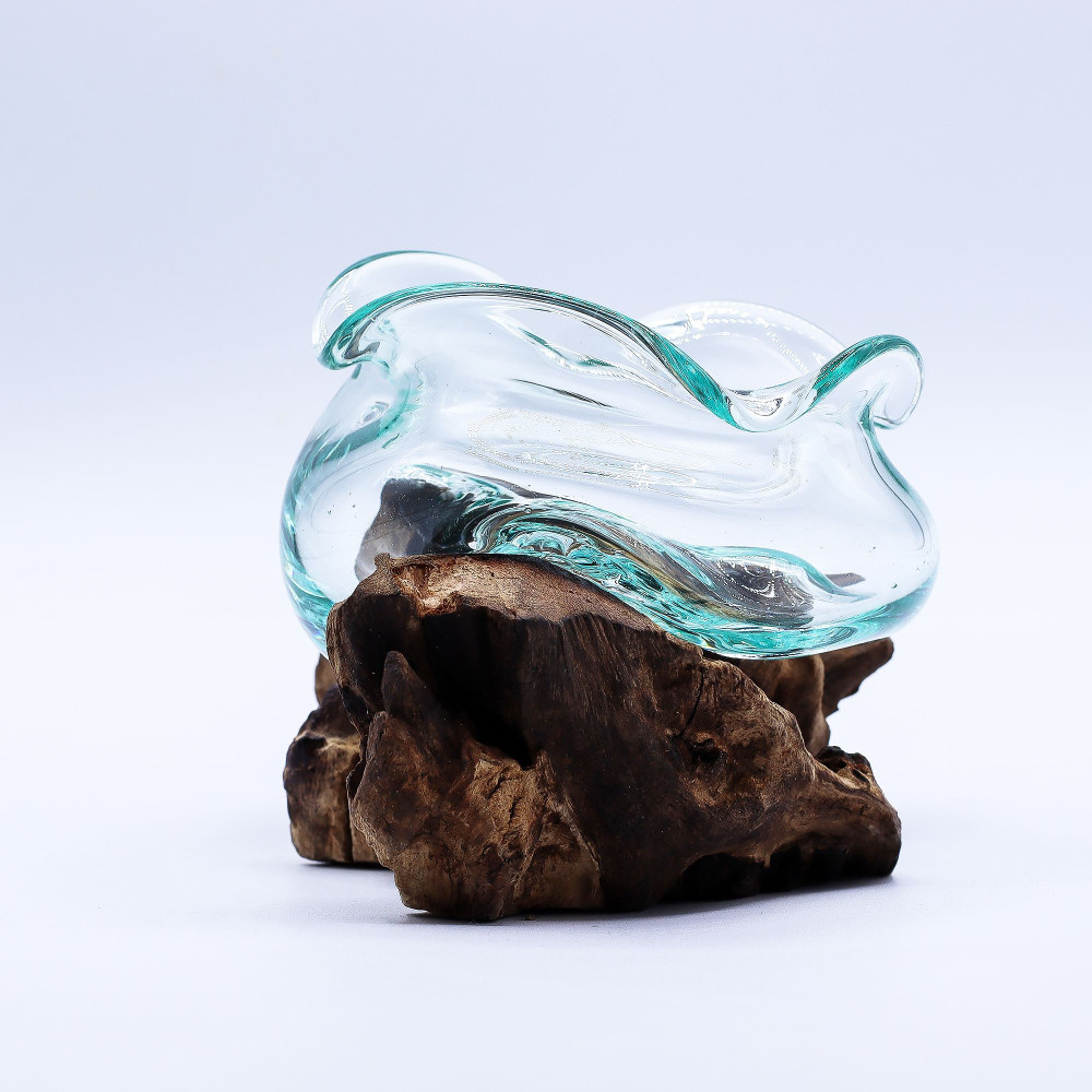 Bol ondulé en verre fondu sur bois 18 cm
