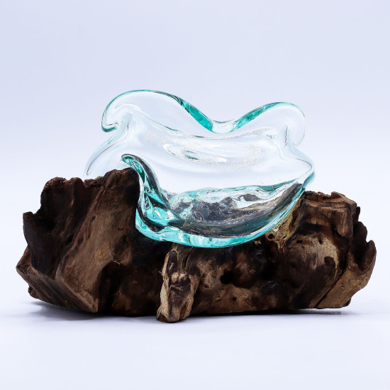 Bol ondulé en verre fondu sur bois 18 cm