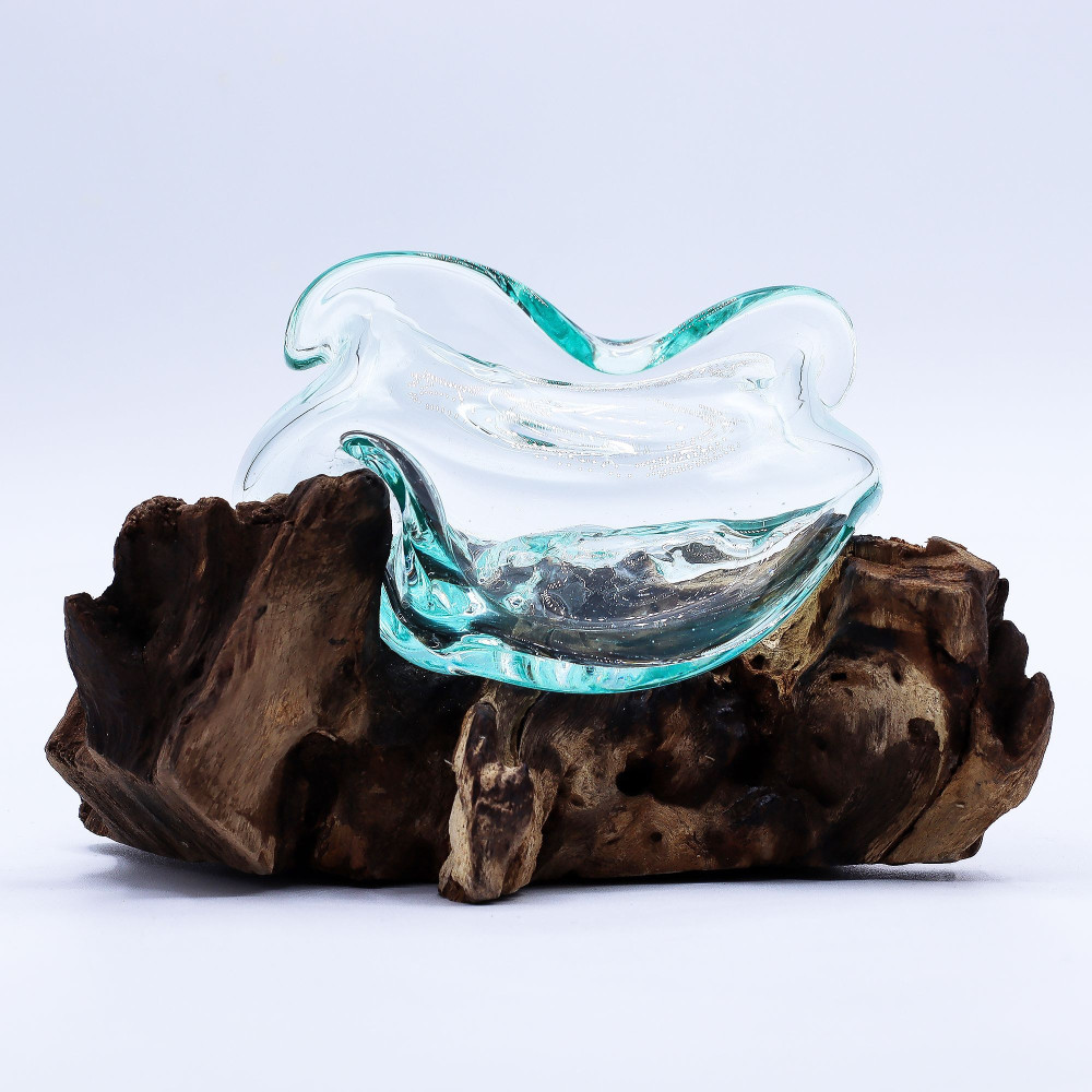 Bol ondulé en verre fondu sur bois 18 cm