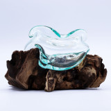 Bol ondulé en verre fondu sur bois 18 cm