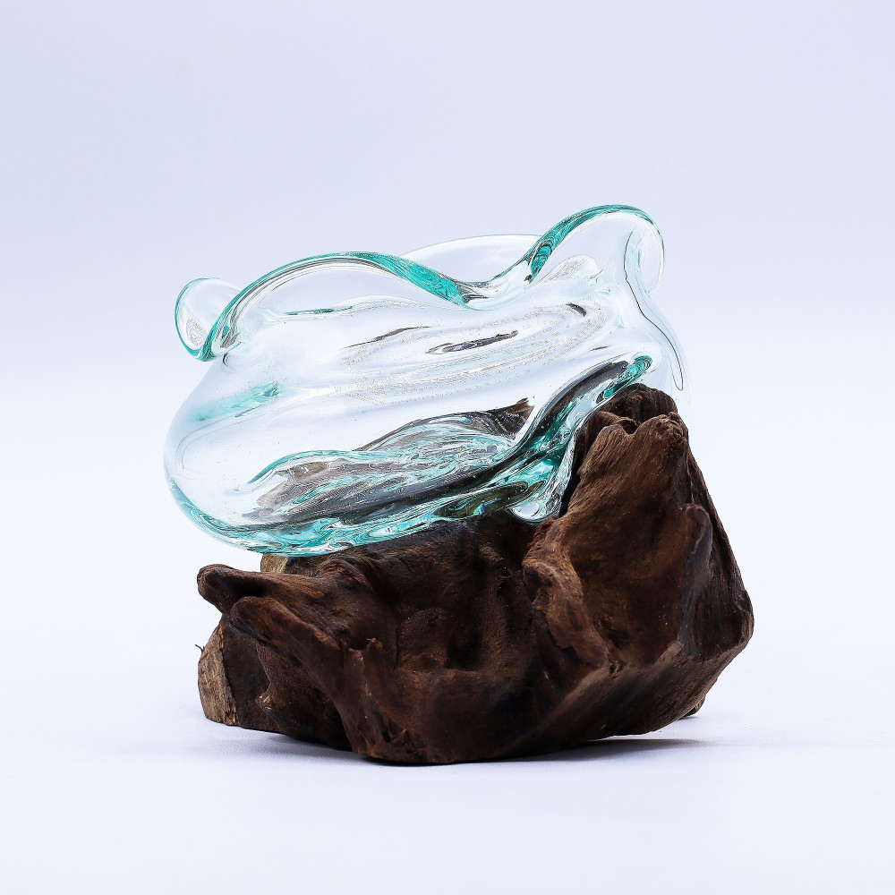 Bol ondulé en verre fondu sur bois 18 cm
