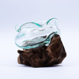Bol ondulé en verre fondu sur bois 18 cm