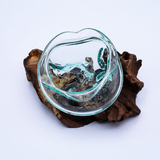 Bol ondulé en verre fondu sur bois 18 cm