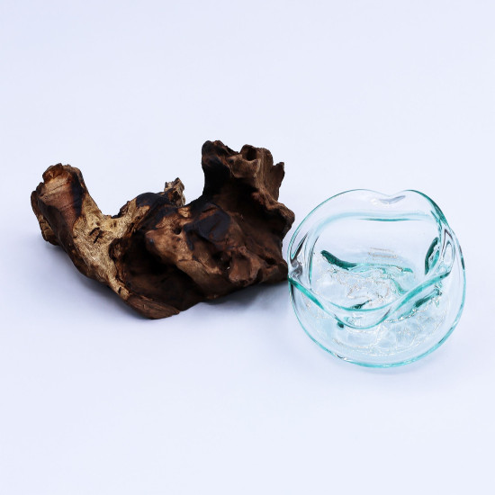 Bol ondulé en verre fondu sur bois 18 cm