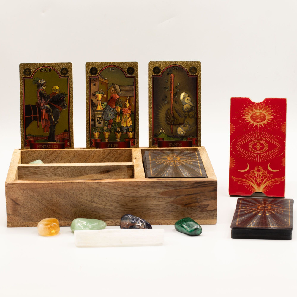Boîte à tarot à trois compartiments avec porte-cartes