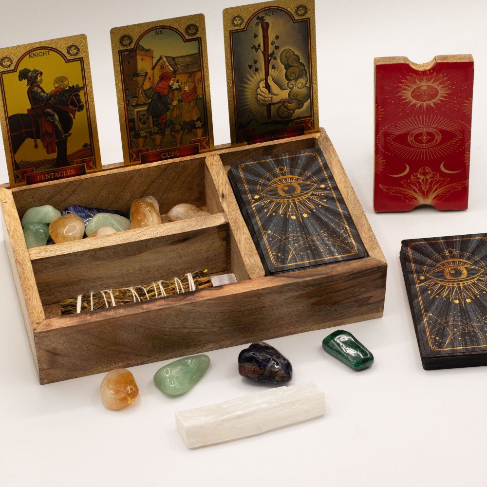 Boîte à tarot à trois compartiments avec porte-cartes