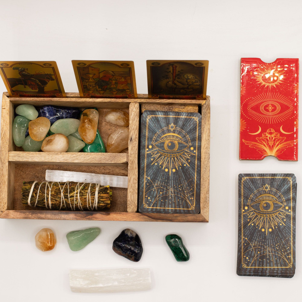 Boîte à tarot à trois compartiments avec porte-cartes