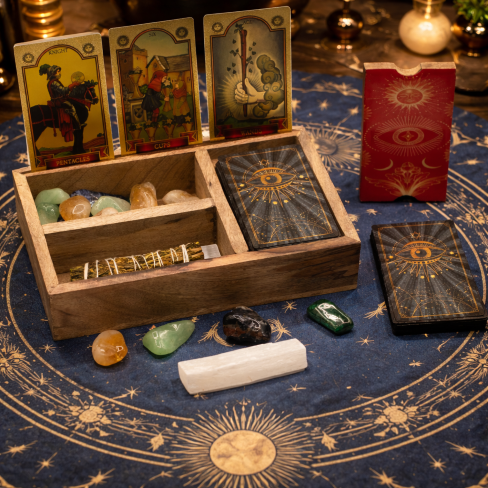 Boîte à tarot à trois compartiments avec porte-cartes