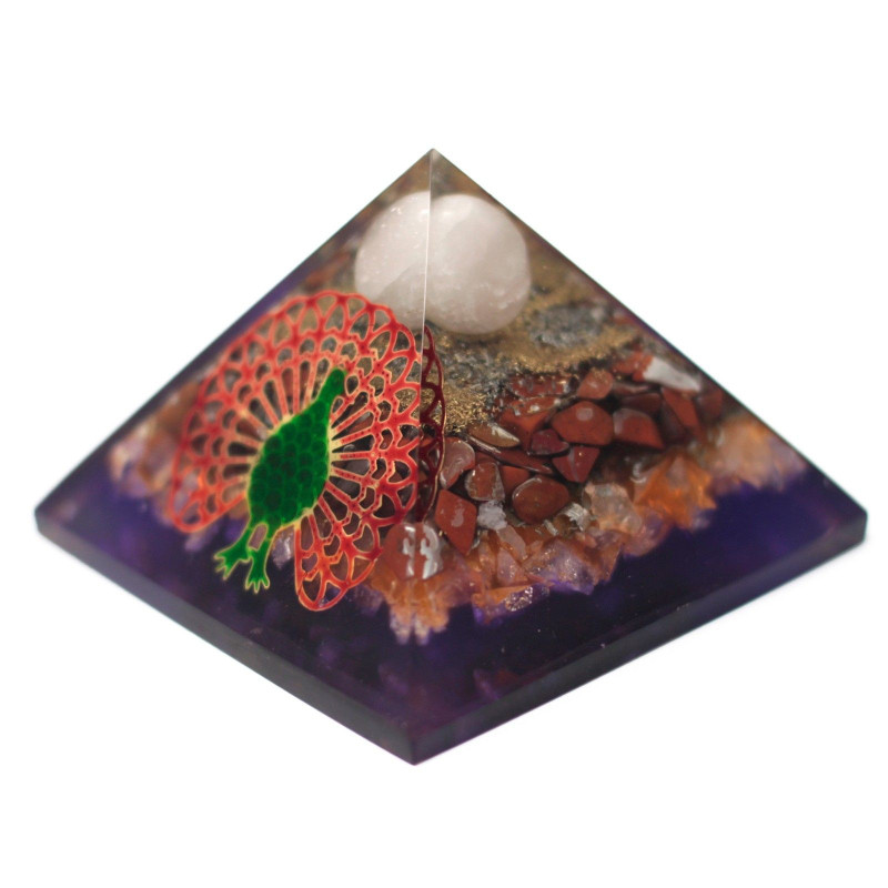 Grande pyramide d'organite 70 mm - Paon (base terre)