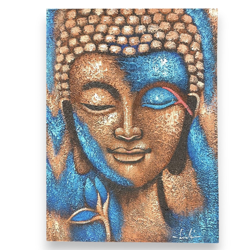 Tableau de Bouddha - Bronze et fleur bleue 75x55cm