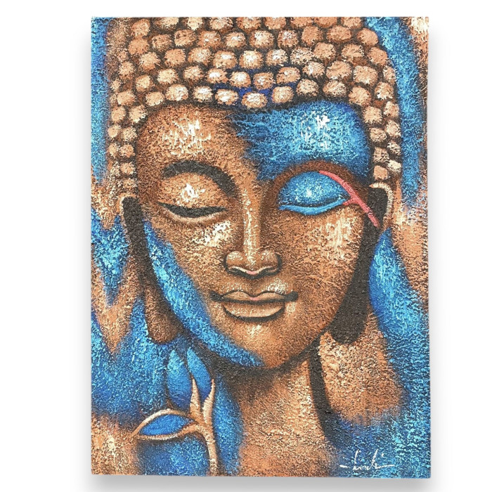 Tableau de Bouddha - Bronze et fleur bleue 75x55cm