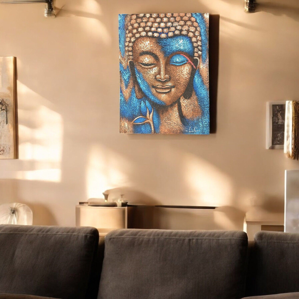 Tableau de Bouddha - Bronze et fleur bleue 75x55cm