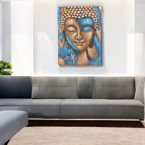 Tableau de Bouddha - Bronze et fleur bleue 75x55cm