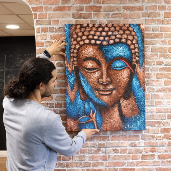 Tableau de Bouddha - Bronze et fleur bleue 75x55cm
