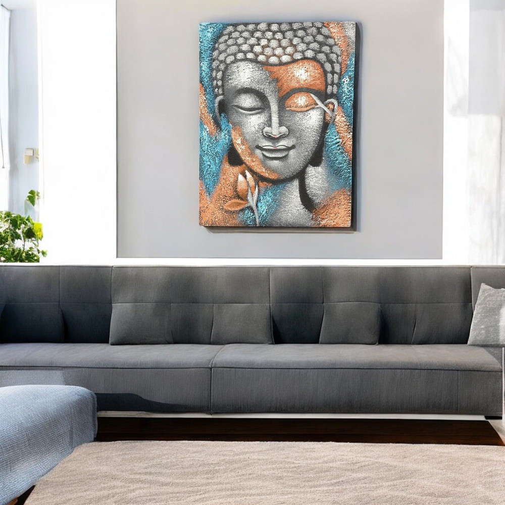 Tableau de Bouddha - Fleur argentée et or rose 75x55cm