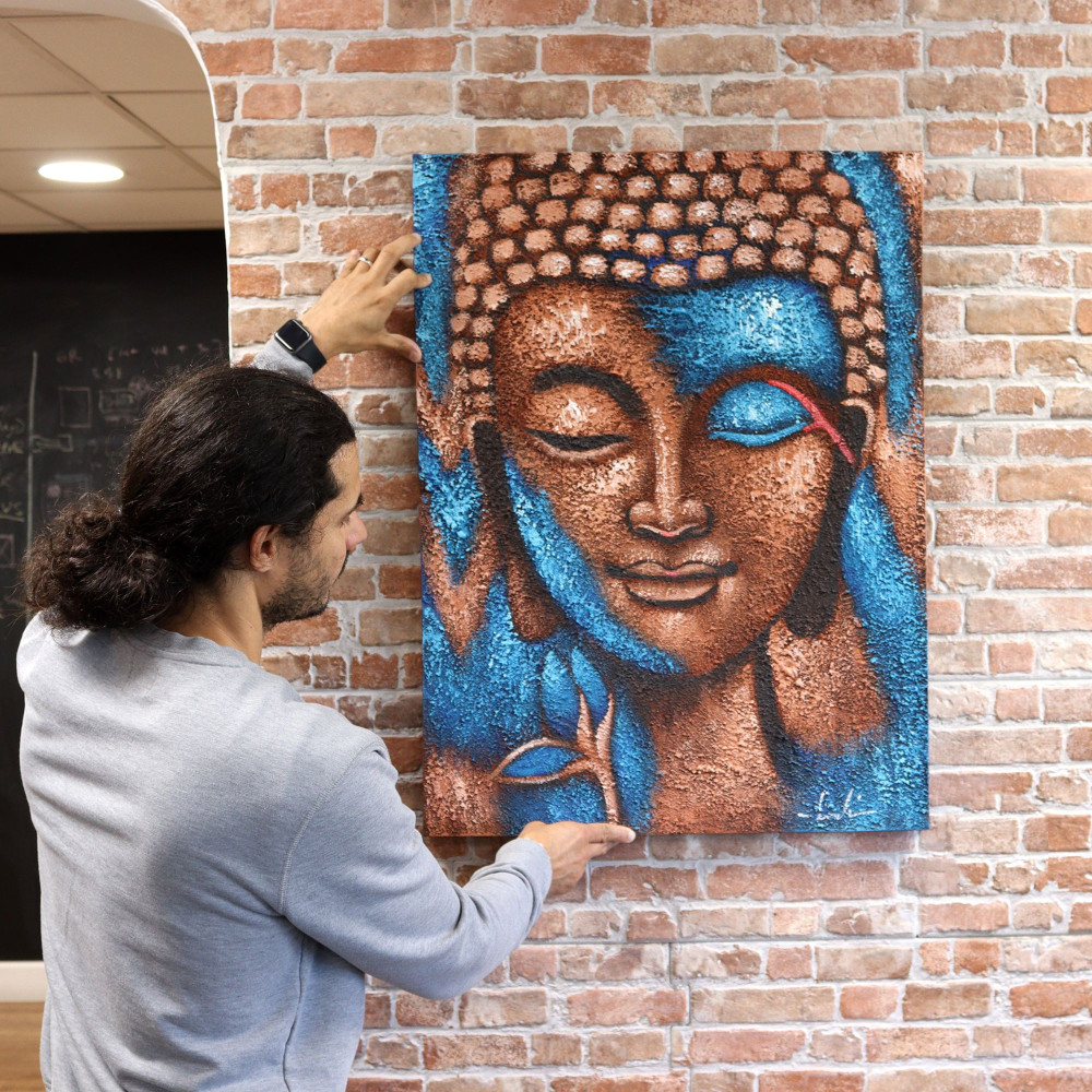 Tableau de Bouddha - Fleur argentée et or rose 75x55cm