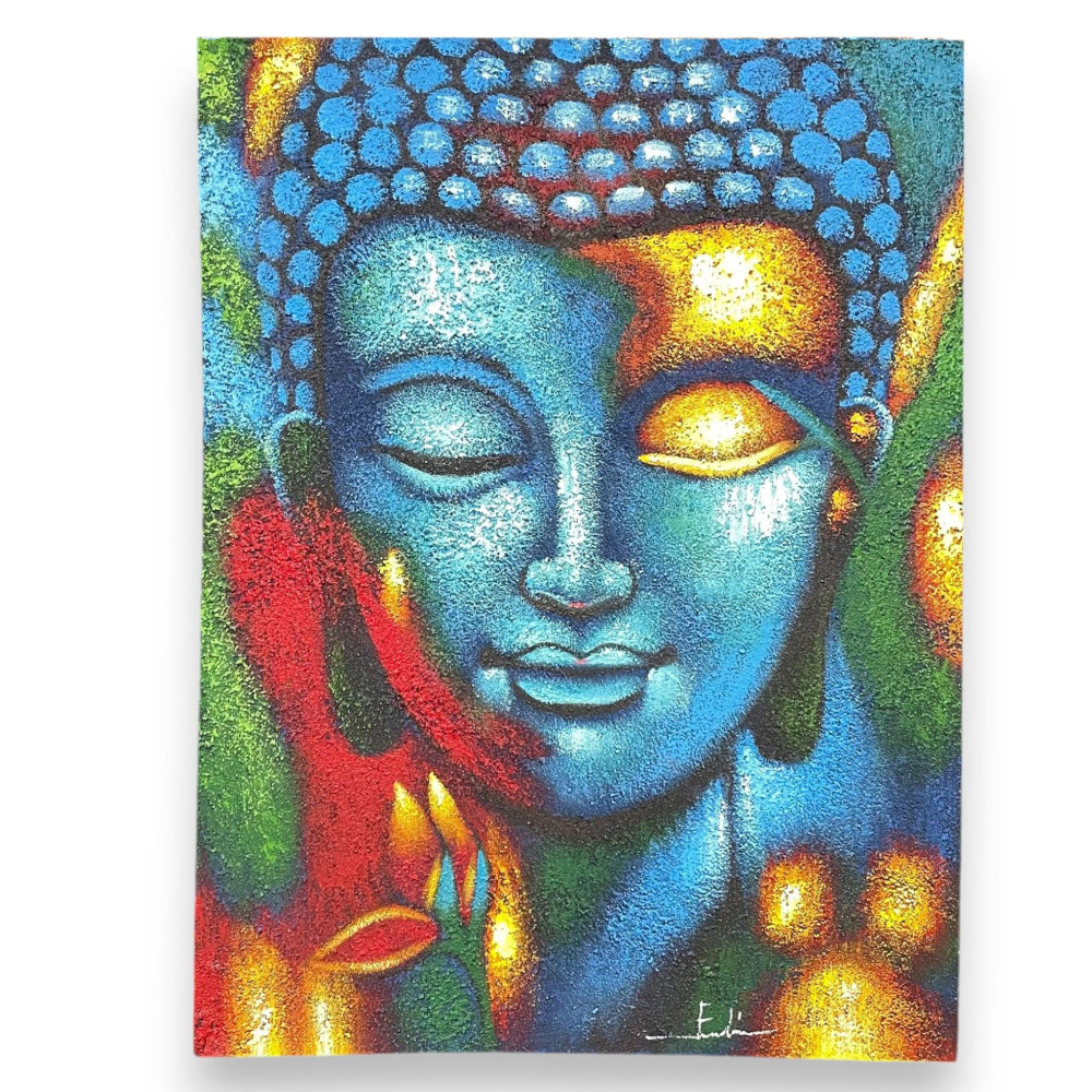 Tableau de Bouddha - Fleur bleue et or 75x55cm