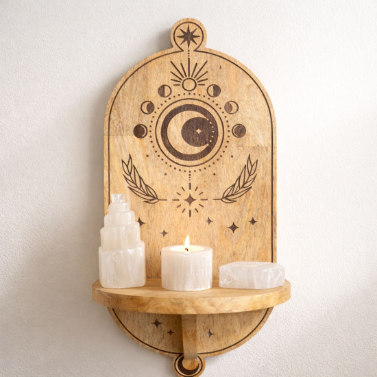 Étagère murale en forme d'arche sculptée avec phases de lune et arbre