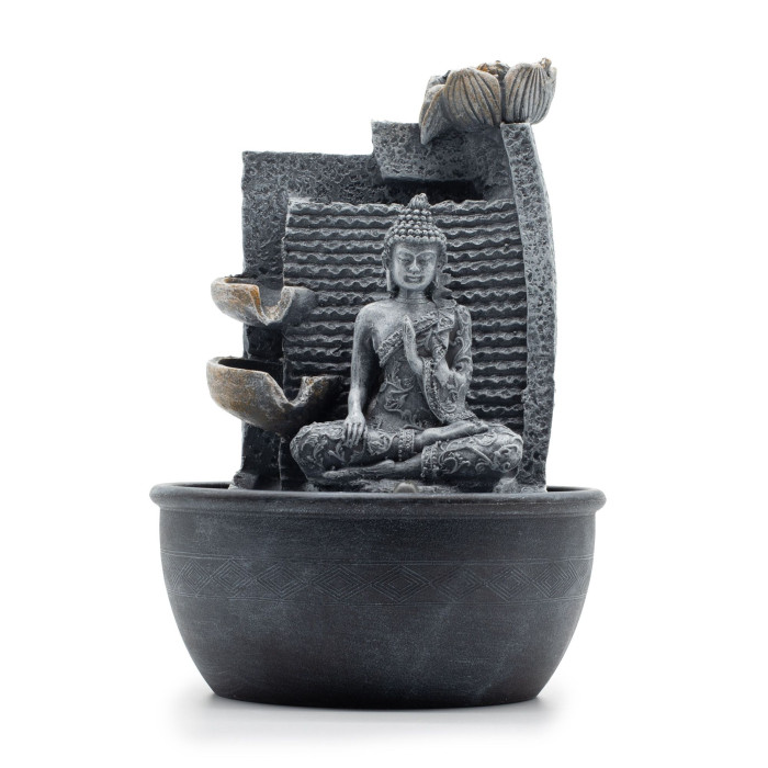 Fontaine de table - 19 x 19 x 28 cm - Bouddha, fleurs de lotus, cascade de pots