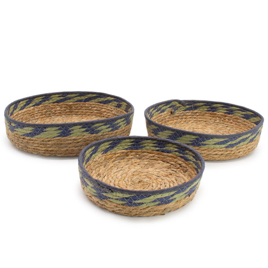 Paniers à plateaux en paille et jonc de mer - Vert et bleu naturels - Lot de 3