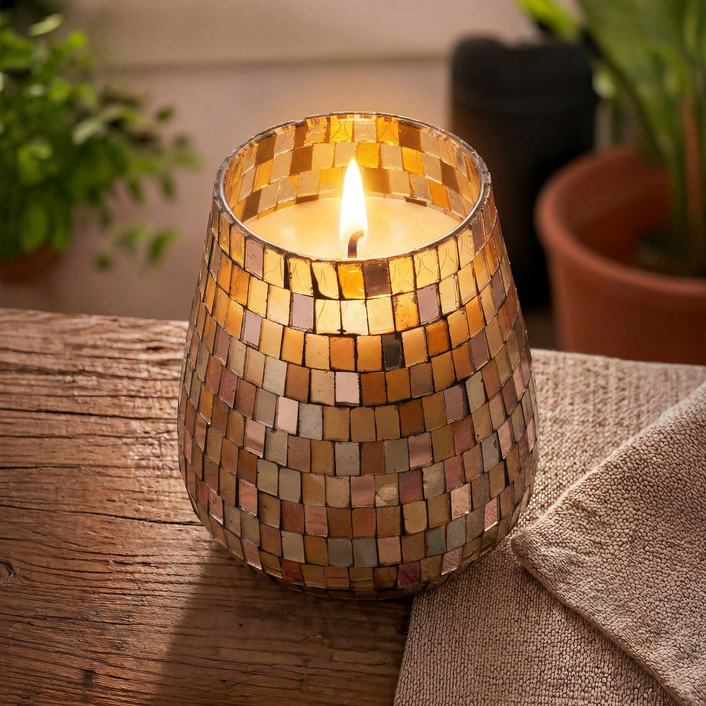 Bougies en pot de verre haut - Mosaïque Ambre
