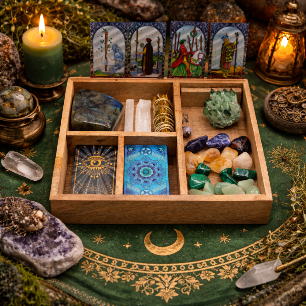 Coffret de tarot à quatre compartiments avec porte-cartes