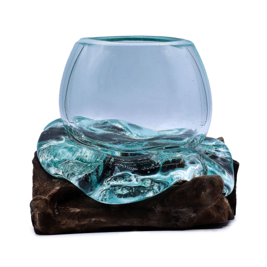 Mini bocal à poissons rouges en verre fondu sur bois 20 cm
