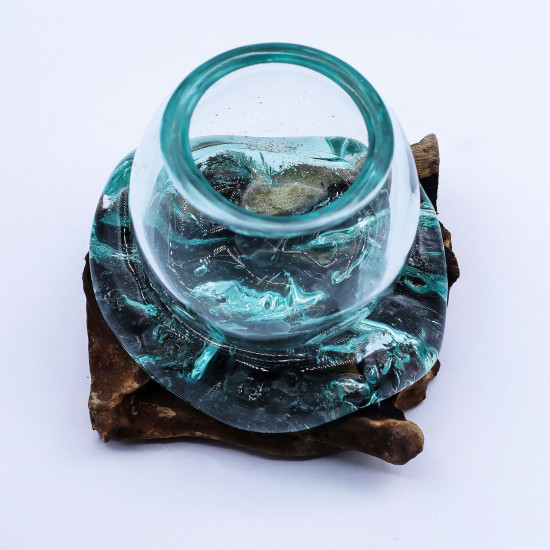 Mini bocal à poissons rouges en verre fondu sur bois 20 cm