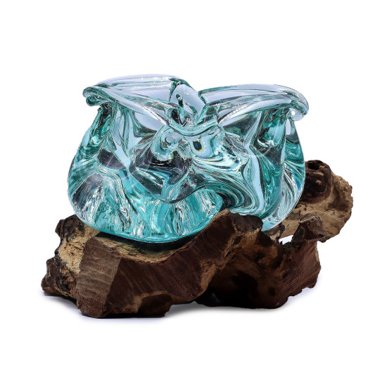 Cendrier/bougeoir en verre fondu épais sur bois 23 cm