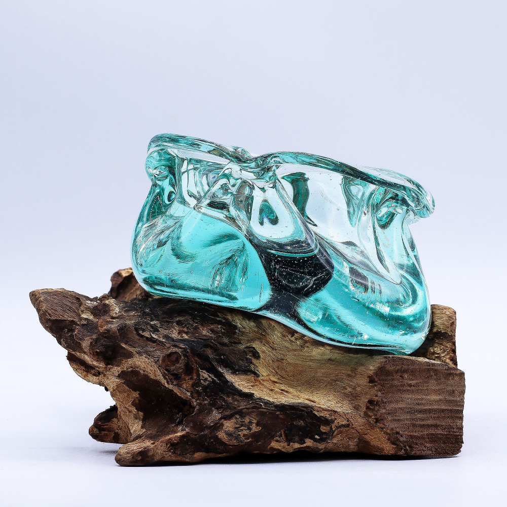 Cendrier/bougeoir en verre fondu épais sur bois 23 cm