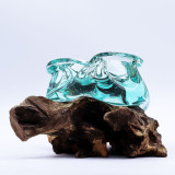 Cendrier/bougeoir en verre fondu épais sur bois 23 cm