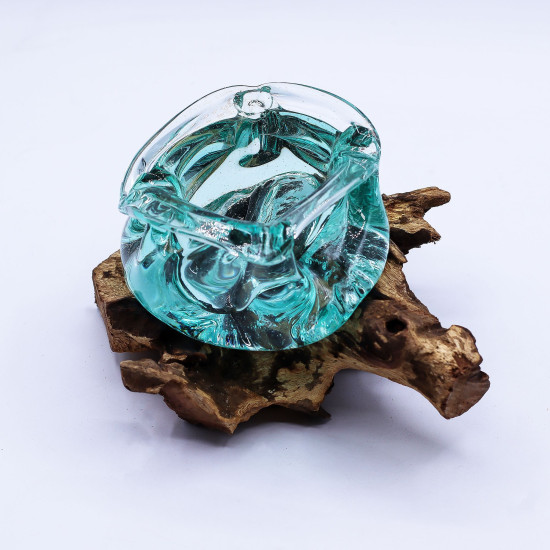 Cendrier/bougeoir en verre fondu épais sur bois 23 cm