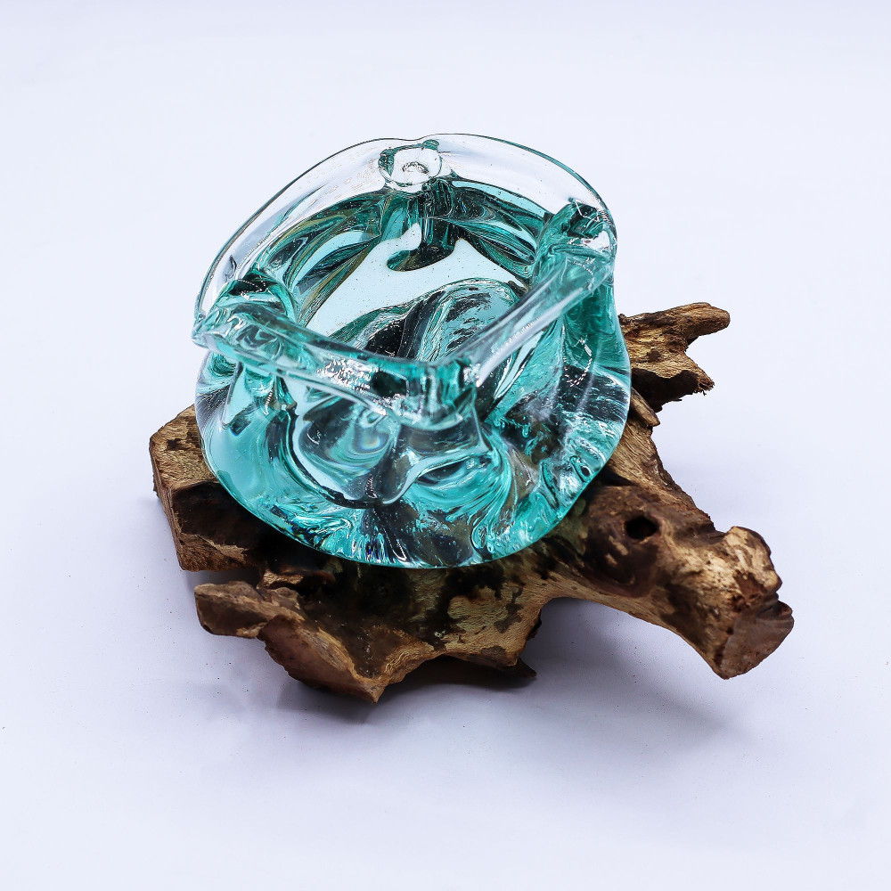 Cendrier/bougeoir en verre fondu épais sur bois 23 cm