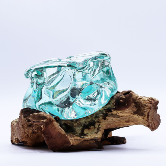 Cendrier/bougeoir en verre fondu épais sur bois 23 cm