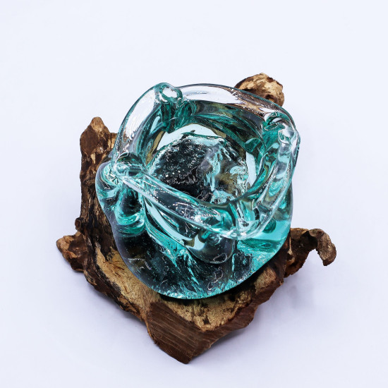 Cendrier/bougeoir en verre fondu épais sur bois 23 cm
