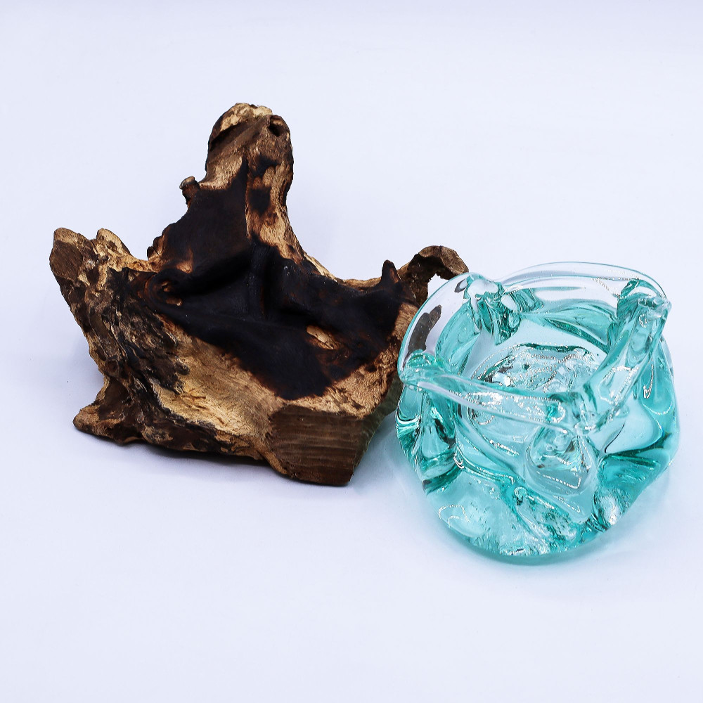Cendrier/bougeoir en verre fondu épais sur bois 23 cm