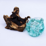 Cendrier/bougeoir en verre fondu épais sur bois 23 cm