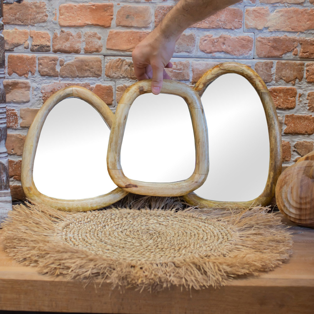 Ensemble de 3 miroirs en forme de galet - Finition bois clair
